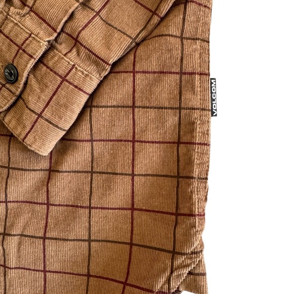 Volcom Small Brown Plaid Classic Fit Corduroy Long Sleeve Button Up Men's Shirt - Picture 7 of 11